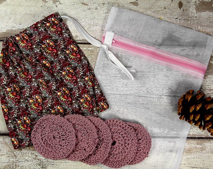 5 Reusable Cotton Crochet face pads storage bag & wash bag, Eco-friendly, Makeup remova,l Scrubbies, Facial cleansing wipes, Gift J