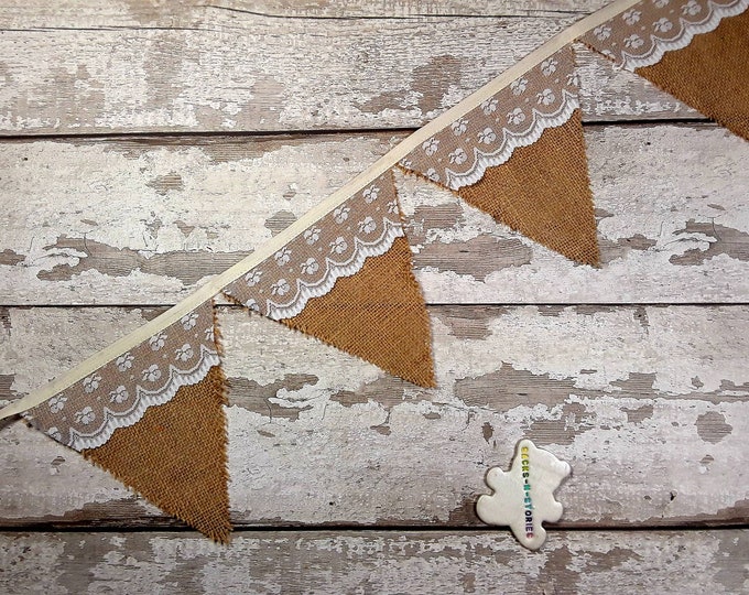 Wedding Bunting Burlap and lace overlay bunting Ready to Post 10 flags Handmade 1.8m Hessian and lace Wedding Bunting