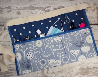 Teacher Apron, Flowered blue, Choice of pockets and plain or polka dot, Pocket apron, Waist apron, Cafe apron, Birthday, Mothers day  gift