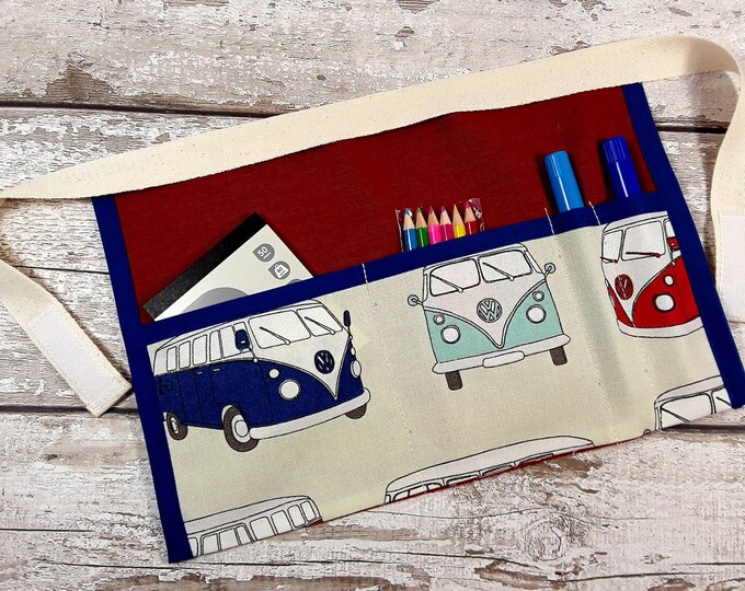Child's Apron Red VW Camper Van, Dressing up, Pocket Apron, Role Play, Stocking filler, Mark Making, BIRTHDAY GIFT Home Learning