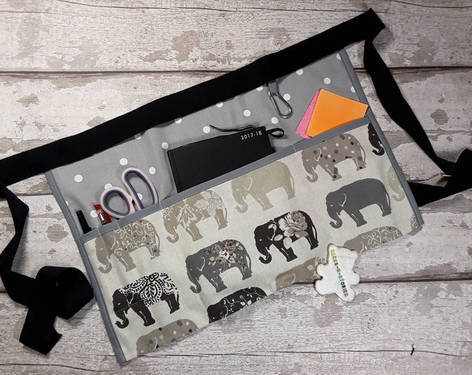Teacher Apron, ELEPHANT apron, Grey Polka Dot, Half waist apron, Choice of pockets, Read Write Inc Apron, Cafe apron, Vendor apron, RWI