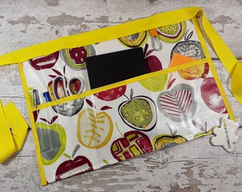 Apple Print Teacher Apron, PVC Oilcloth Half Apron, 3 Pockets