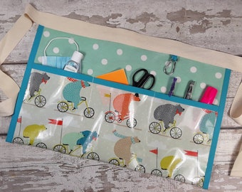 Oilcloth Teacher Apron, Bears on Bikes Print, 3 Pockets