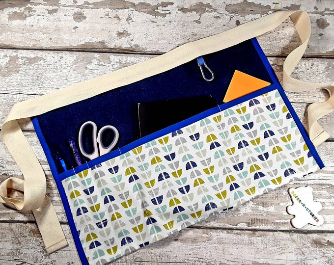 BLUE Teacher Apron, Scandi retro fabric, Pocket apron, Vendor apron, Waist apron, Cafe apron Teacher gift