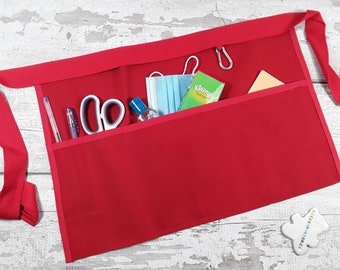 Red Cotton Waist Apron with Pockets, Teacher, Market, Craft Apron