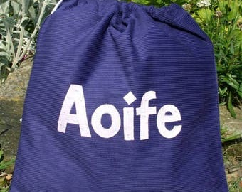 Personalised Dark Navy Corduroy Gym Bag: Appliqued Name School Pump Bag