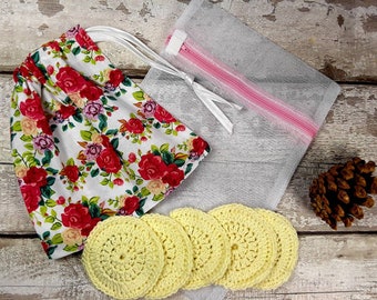 5 Reusable Cotton Crochet face pads storage bag & wash bag, Eco-friendly, Makeup removal, Scrubbies, Facial cleansing wipes, Gift M