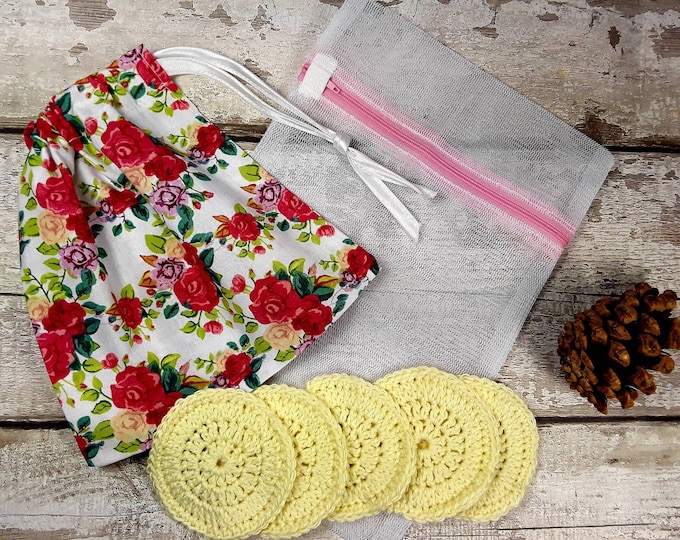 5 Reusable Cotton Crochet face pads storage bag & wash bag, Eco-friendly, Makeup removal, Scrubbies, Facial cleansing wipes, Gift M