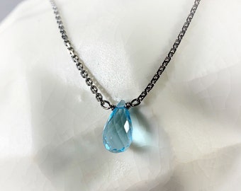 Sky blue topaz quartz 16” necklace in black ruthenium