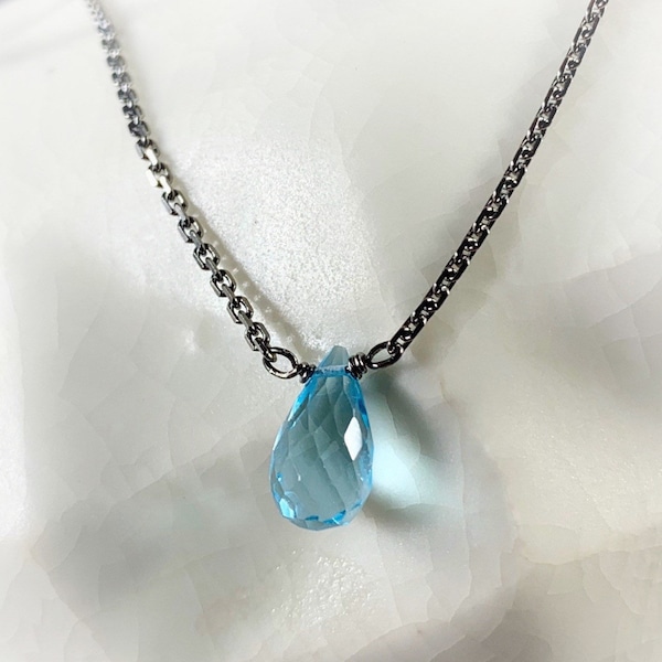 Sky blue topaz quartz 16” necklace in black ruthenium