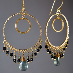 Bohemian Statement Earrings / Moss Aquamarine / Black Spinel / Pyrite / Genuine 24k Gold Over Sterling Silver / Chandelier Earrings