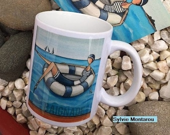 Mug céramique à l'image de mon tableau de baigneuse bleu tasse vacances mer Bretagne cadeau de noël céramique Mug d'artiste