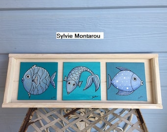 Tableau de petits poissons acrylique bleu Bretagne décoration murale cadeau de noël animaux marins acrylique