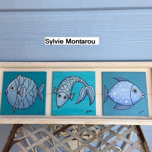 Tableau de petits poissons acrylique bleu Bretagne décoration murale cadeau de noël animaux marins acrylique