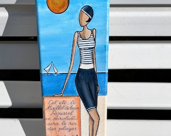 La baigneuse peinture acrylique maillot de bain bretagne vintage collage bord de mer