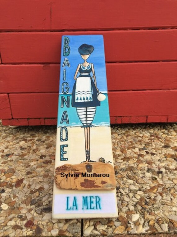 La Demoiselle Du Bord de Mer Bois Plage Rayure Bleu Baignade Peinture Acrylique Tableau Wood'art Vac