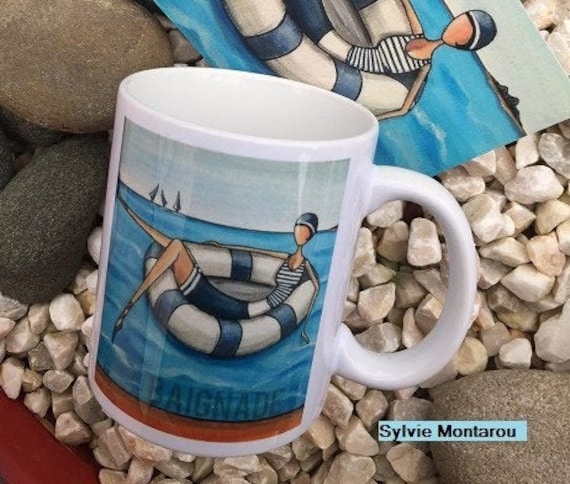 Mug Céramique à L'image de Mon Tableau Baigneuse Bleu Tasse Vacances Mer Bretagne Cadeau Noël Mug d'