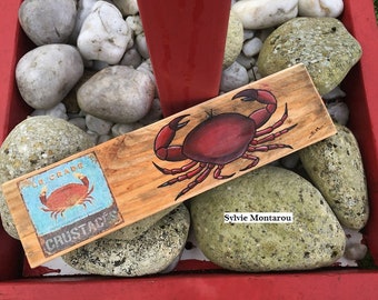 The red crab painting on wood crab painted on wood collage pub vintage gift shellfish sea decorative wood panel