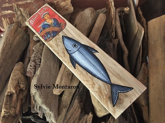 Peinture sur Bois Poisson Sardine Décoration Pub Vintage Bleu Cadeau de Noël Mer