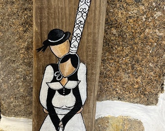 Couple of Bretons painted on driftwood wood acrylic painting folklore Brittany seaside black and white Breton decoration