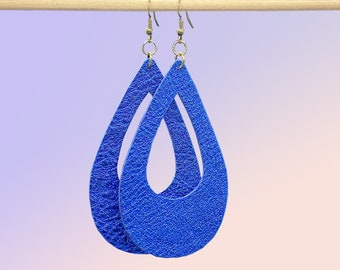 Genuine Leather Electric Blue Teardrop Cutout Earrings