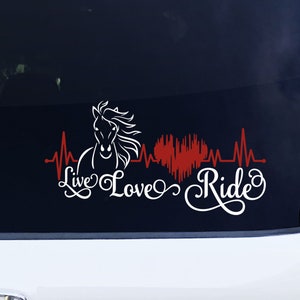 Live Love Ride Horse Heartbeat Vinyl Decal White and Light Red