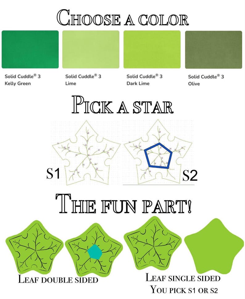 May include: An image with text that says "Choose a Color", displaying four color swatches: Kelly Green, Lime, Dark Lime, and Olive. The text "Pick a Star" is above two star designs, labeled S1 and S2. The text "The Fun Part!" is above leaf designs.