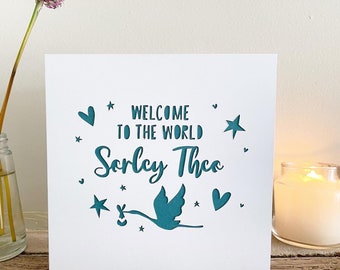 Personalised New Baby Card Papercut Christening Boy Girl Baby Newborn welcome to the world stork