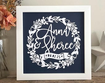 Personalised Gift Wedding Engagement Anniversary Papercut Floral Wreath