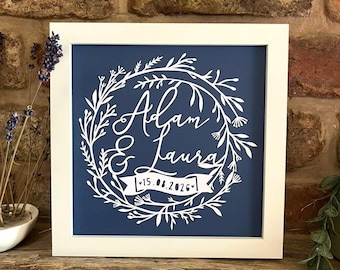 Personalised Gift Wedding Engagement Anniversary Papercut Floral Wreath