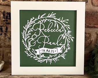 Personalised Gift Wedding Engagement Anniversary Papercut Floral Wreath