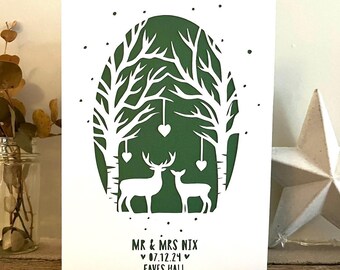 Personalised Wedding Card Papercut Winter Deer Woodland Anniversary Engagement Venue