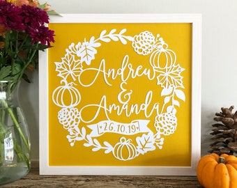 Personalised Wedding Engagement Anniversary Papercut Gift Autumn Pumpkin Autumnal October