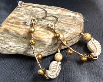 Pearl Jasper Dangle Earrings: Wire Wrapped Leaf Design