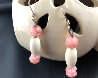 Bone Earrings: Alaskan Bone Beads with Coral Rose Accents