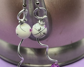 Hand Shaped Metal Earrings with Ceramic and Amethyst Beads
