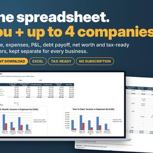 May include: A digital spreadsheet dashboard displayed on a laptop screen, featuring financial data for up to four companies. Text includes One spreadsheet. You + up to 4 companies. Income, expenses, P&L, debt payoff, net worth and tax-ready numbers.