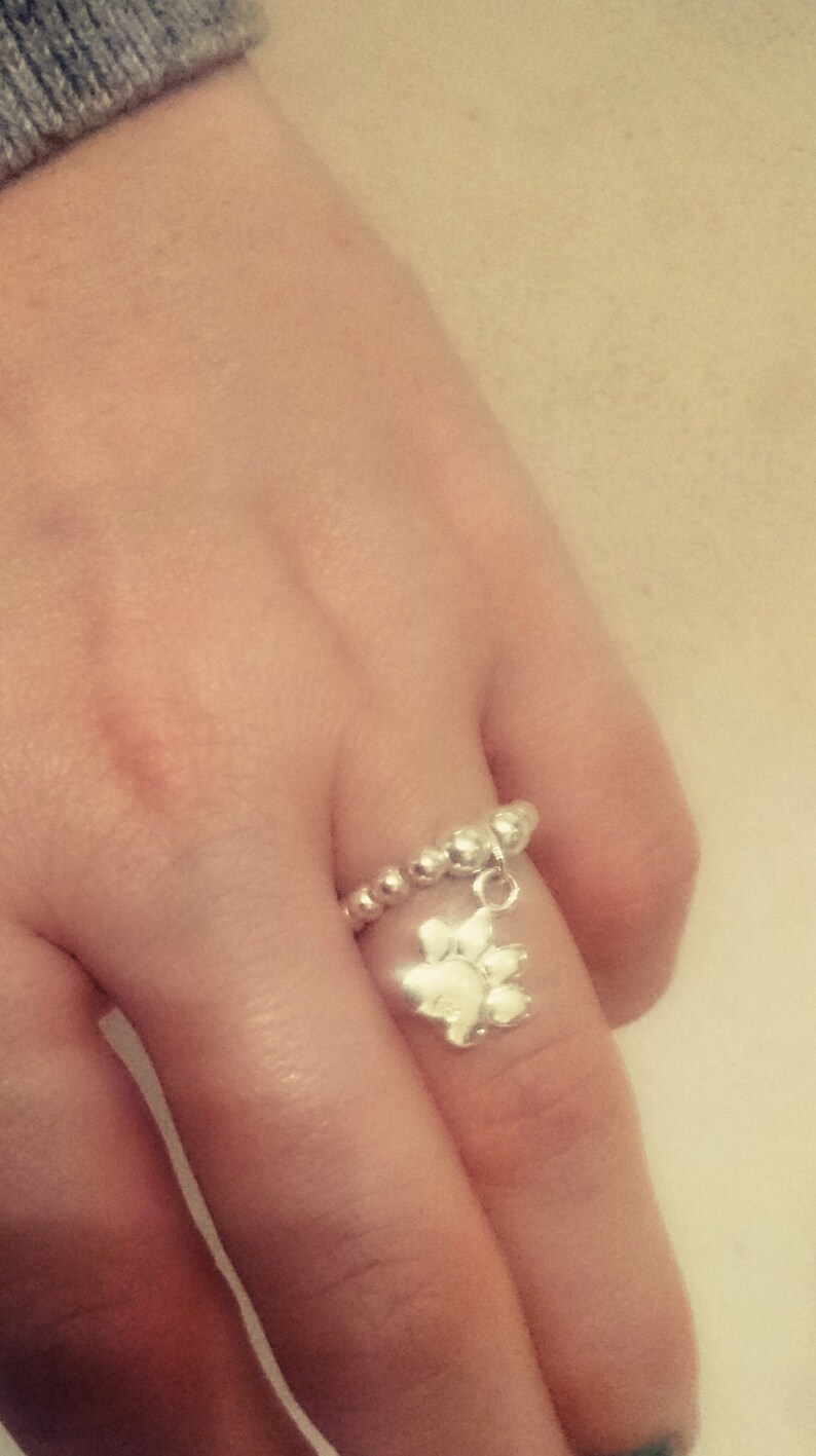 Sterling Silver Paw Print Ring Elasticated Dangle Charm Ring Dog Owner Gift Cat Owner Gift Silver Stacking Ring Beaded Ring Statement Ring