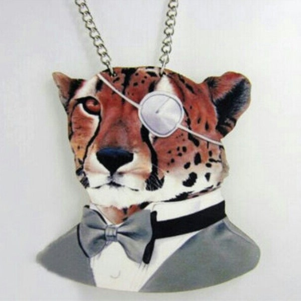 Large Wooden Pendant Leopard Cat Kawaii Statement Necklace Halloween Costume Fancy Dress Animal Lover Stocking Filler Christmas Gift Present