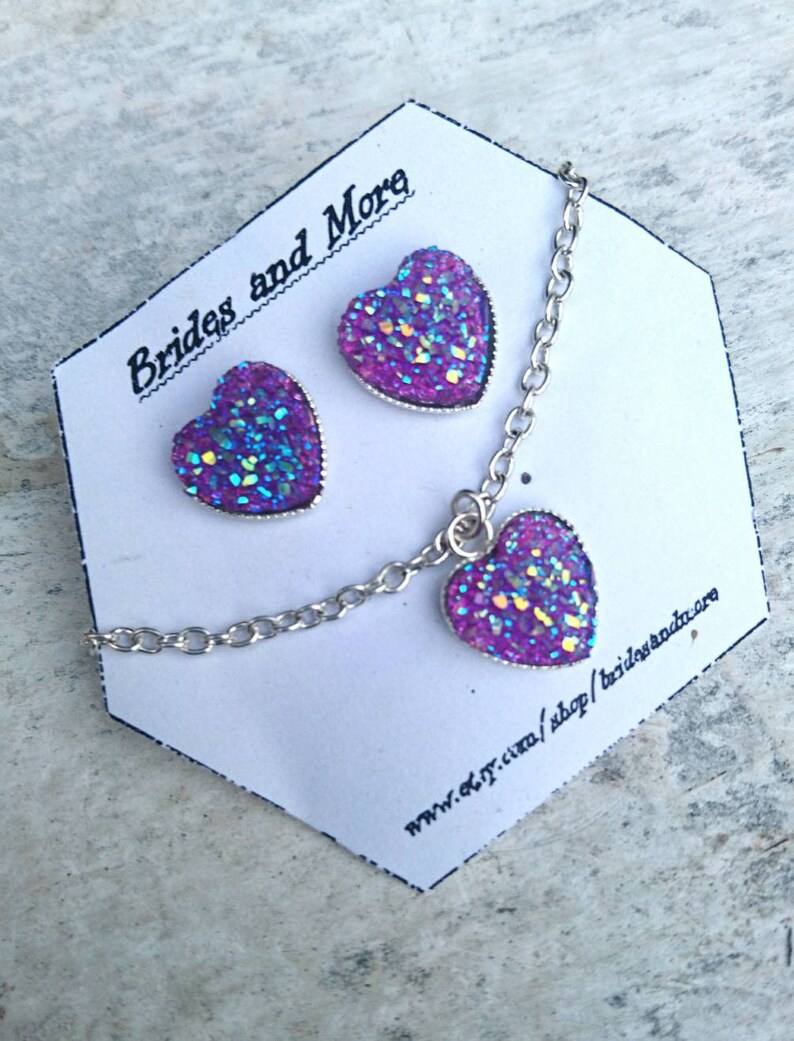 Heart Earring /& Necklace Set Druzy Jewelry Set Purple Jewelry Set Heart Jewelry Girlfriend Gift Jewelry Gift Valentines Gift Bridesmaid Gift