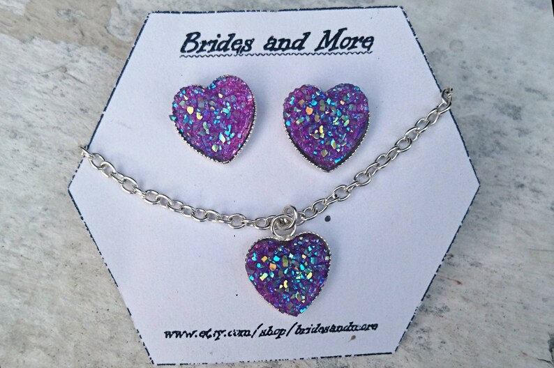 Heart Earring /& Necklace Set Druzy Jewelry Set Purple Jewelry Set Heart Jewelry Girlfriend Gift Jewelry Gift Valentines Gift Bridesmaid Gift
