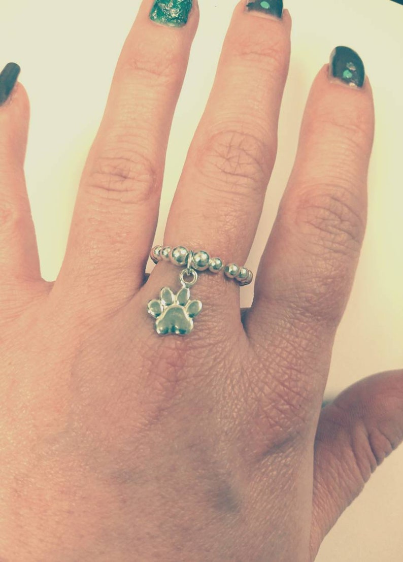 Sterling Silver Paw Print Ring Elasticated Dangle Charm Ring Dog Owner Gift Cat Owner Gift Silver Stacking Ring Beaded Ring Statement Ring