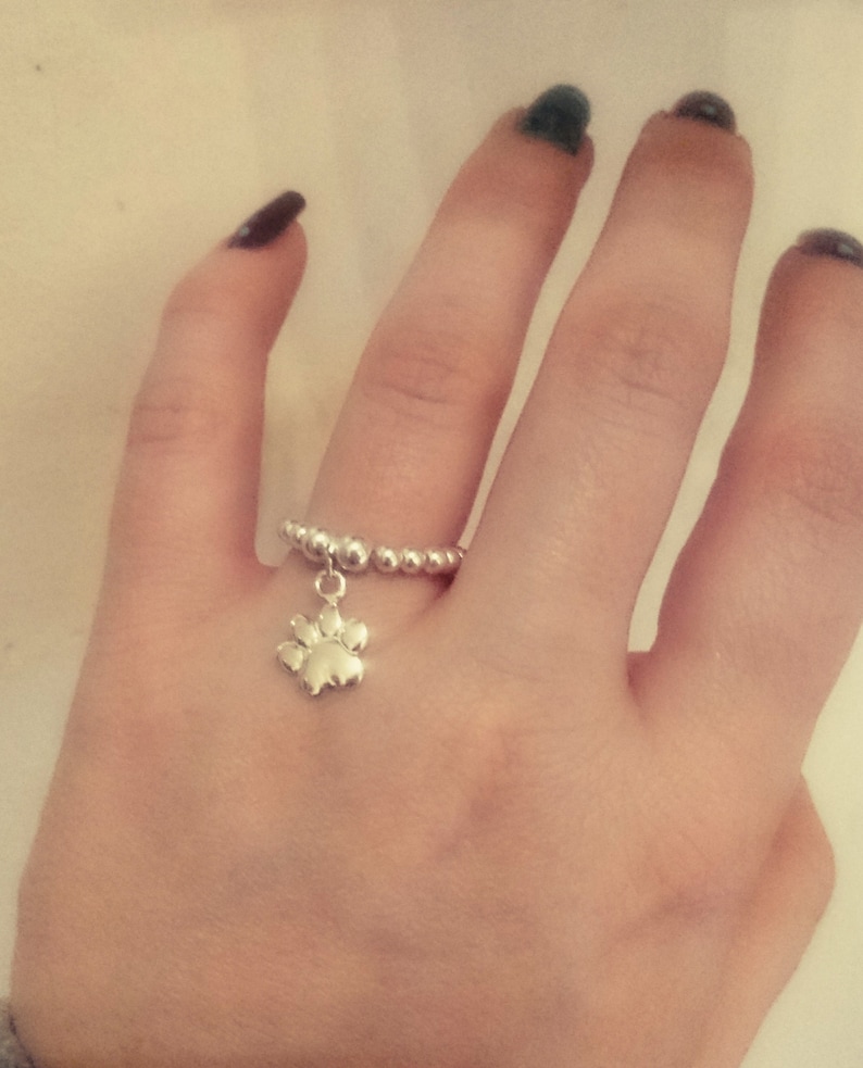 Sterling Silver Paw Print Ring Elasticated Dangle Charm Ring Dog Owner Gift Cat Owner Gift Silver Stacking Ring Beaded Ring Statement Ring