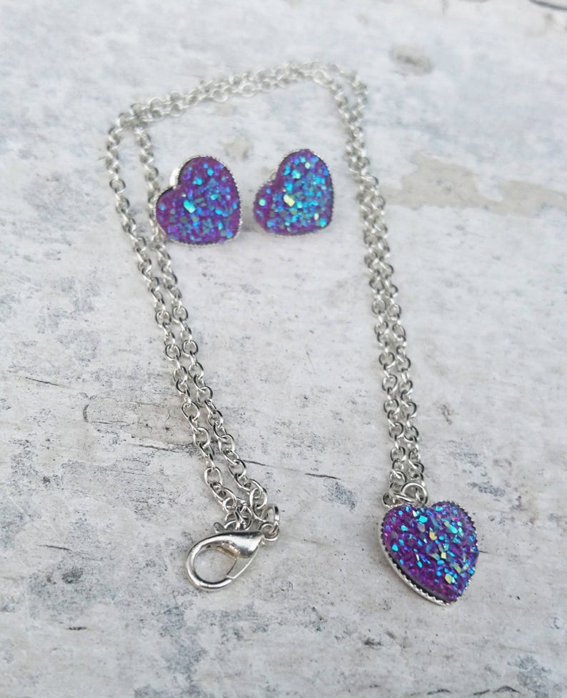 Heart Earring /& Necklace Set Druzy Jewelry Set Purple Jewelry Set Heart Jewelry Girlfriend Gift Jewelry Gift Valentines Gift Bridesmaid Gift
