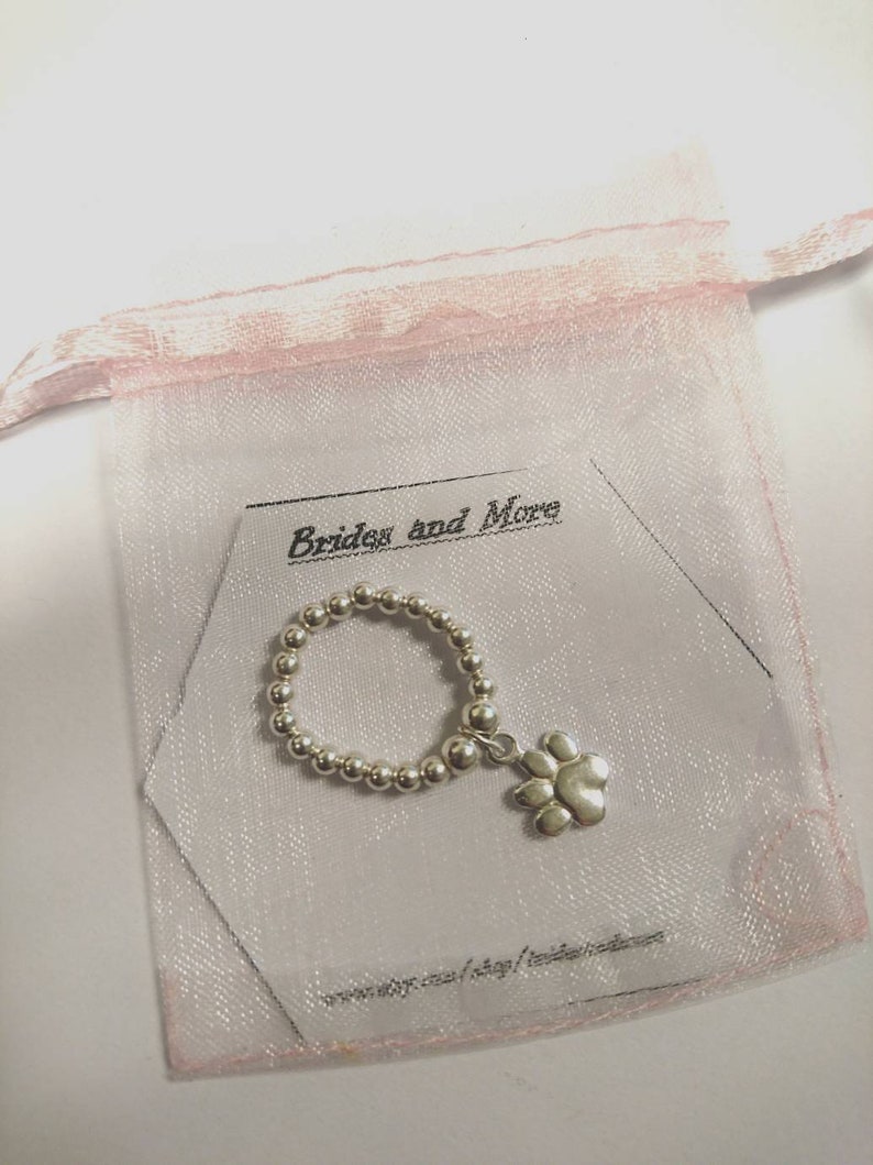 Sterling Silver Paw Print Ring Elasticated Dangle Charm Ring Dog Owner Gift Cat Owner Gift Silver Stacking Ring Beaded Ring Statement Ring