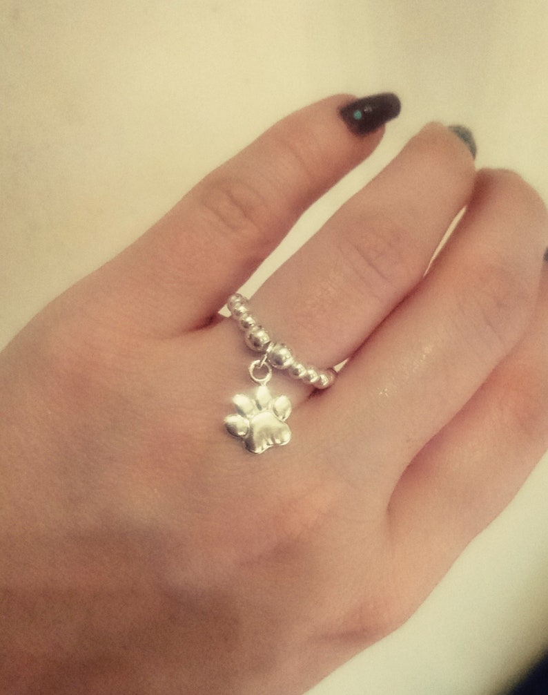 Sterling Silver Paw Print Ring Elasticated Dangle Charm Ring Dog Owner Gift Cat Owner Gift Silver Stacking Ring Beaded Ring Statement Ring