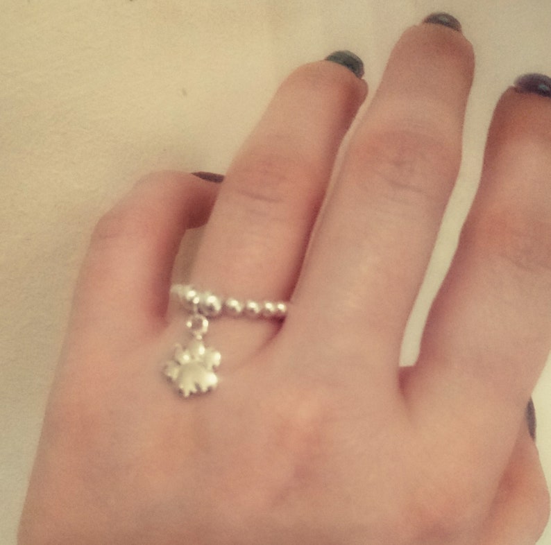 Sterling Silver Paw Print Ring Elasticated Dangle Charm Ring Dog Owner Gift Cat Owner Gift Silver Stacking Ring Beaded Ring Statement Ring