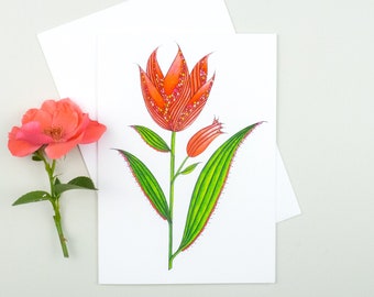 Pink tulips card, Fine art flower card, Colorful greeting card, Pod tulip