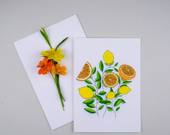 Citrus Flower greetings, card for gardener, lemon notecard, orange flower stationary