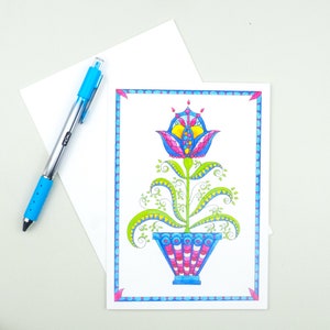 Tarjeta de cumpleaños con tulipanes, arte popular con tulipanes, tarjeta con flores de primavera
